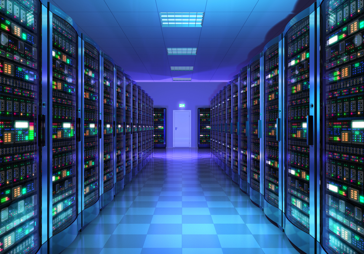 Modern web network and internet telecommunication technology, big data storage and cloud computing computer service business concept: 3D render illustration of the server room interior in datacenter in blue light